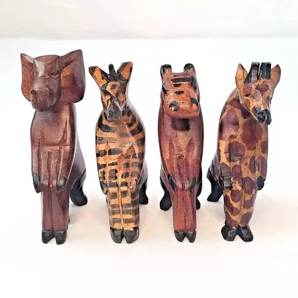 Hand Carved African Safari Animal Figure Lot Tribal Folk Art Elephant Zebra Wood - Picture 2 of 8